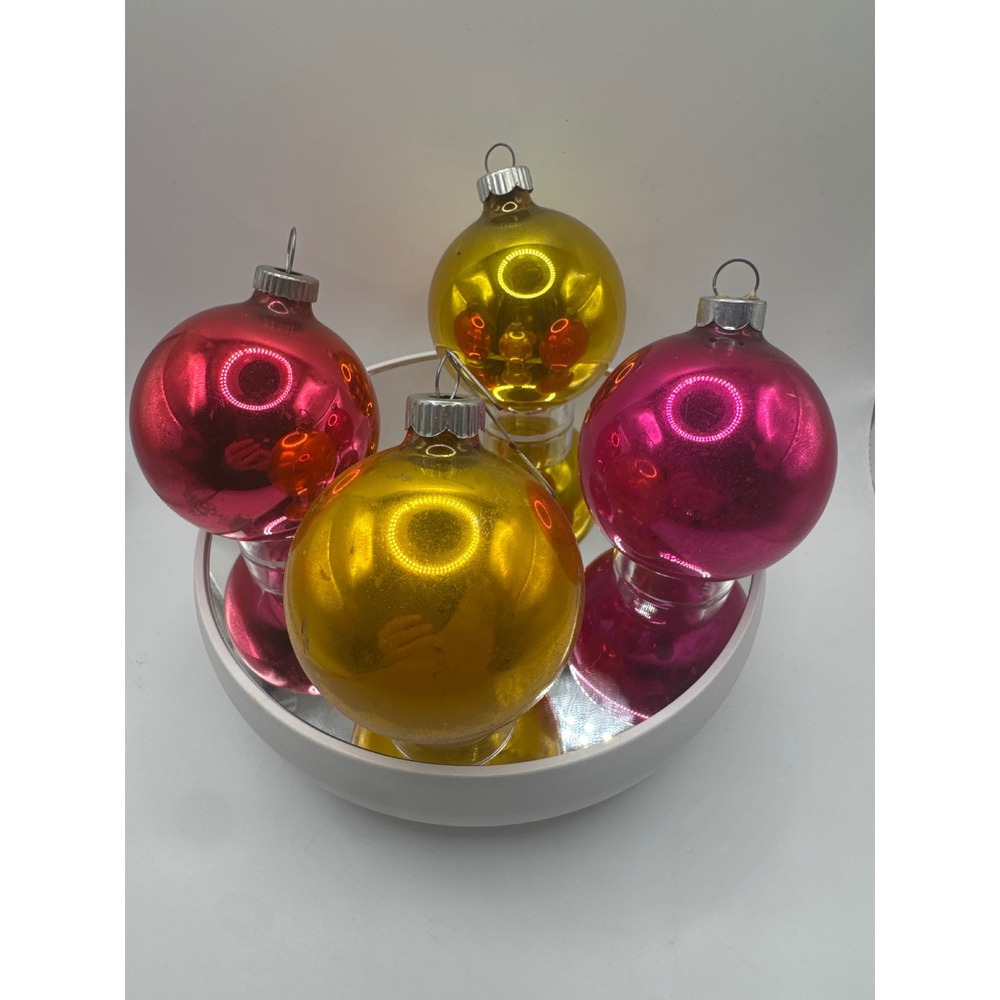 Vintage Shiny Brite Glass Christmas Ornaments Set of 4 Pink Red Gold USA MCM